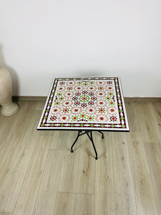 Handmade Moroccan Zellige Mosaic Table – Classic Red, Green & White Starburst