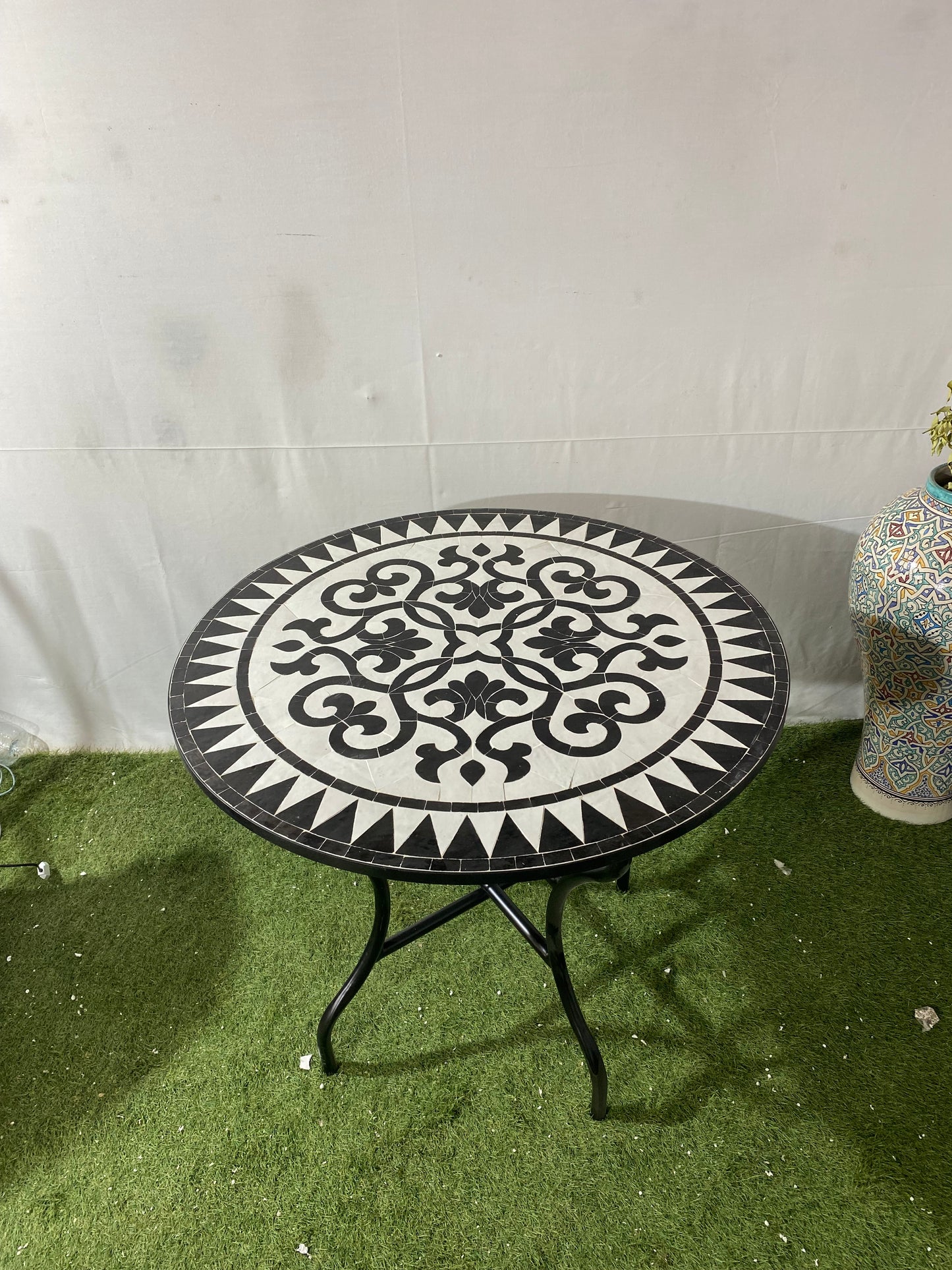 Elegant Black & White Moroccan Zellige Mosaic Table