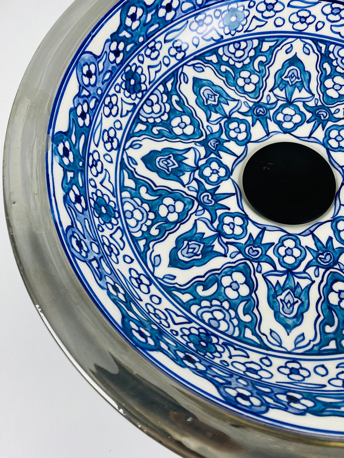 Azure Bloom Steel-Edged Vessel Sink Platinum Rim Accents