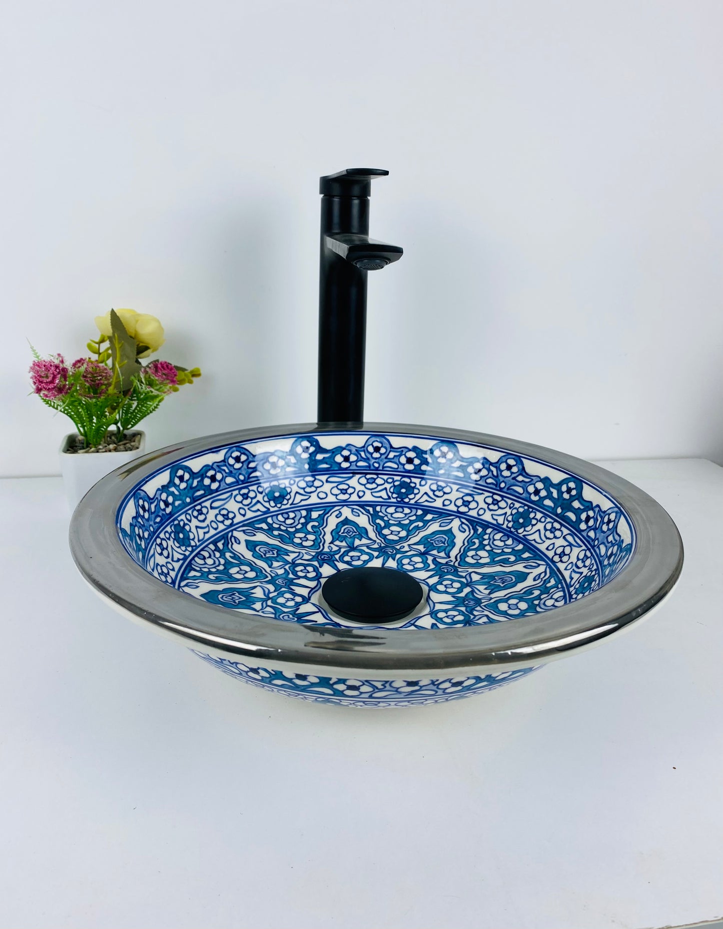 Azure Bloom Steel-Edged Vessel Sink Platinum Rim Accents