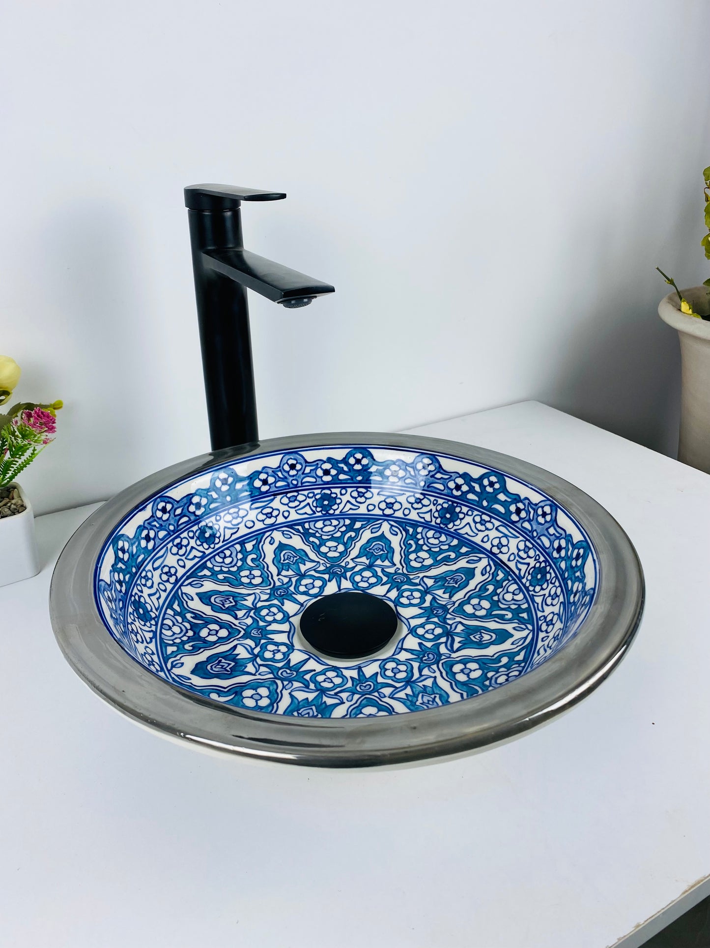 Azure Bloom Steel-Edged Vessel Sink Platinum Rim Accents