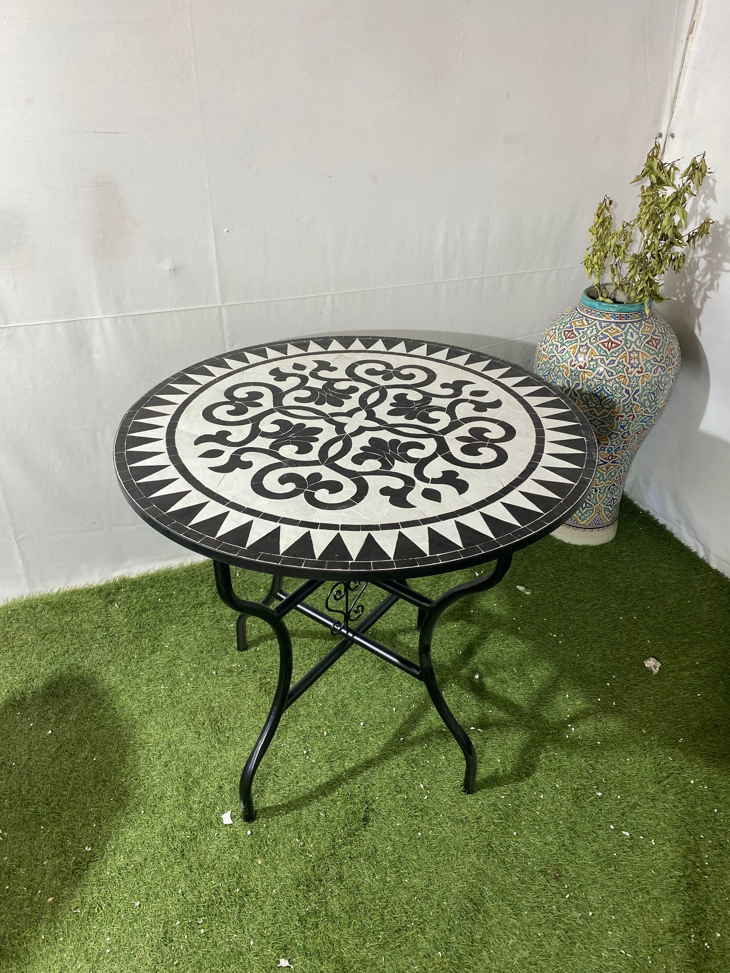 Elegant Black & White Moroccan Zellige Mosaic Table