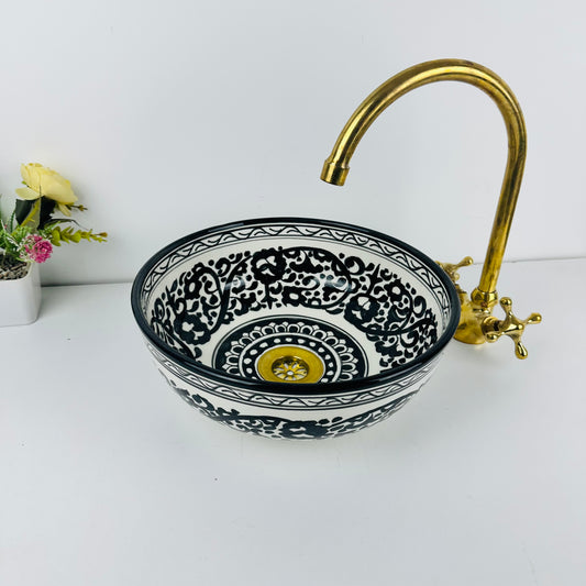 Midnight Majesty: Handcrafted Ceramic Sink with Intricate Black Design
