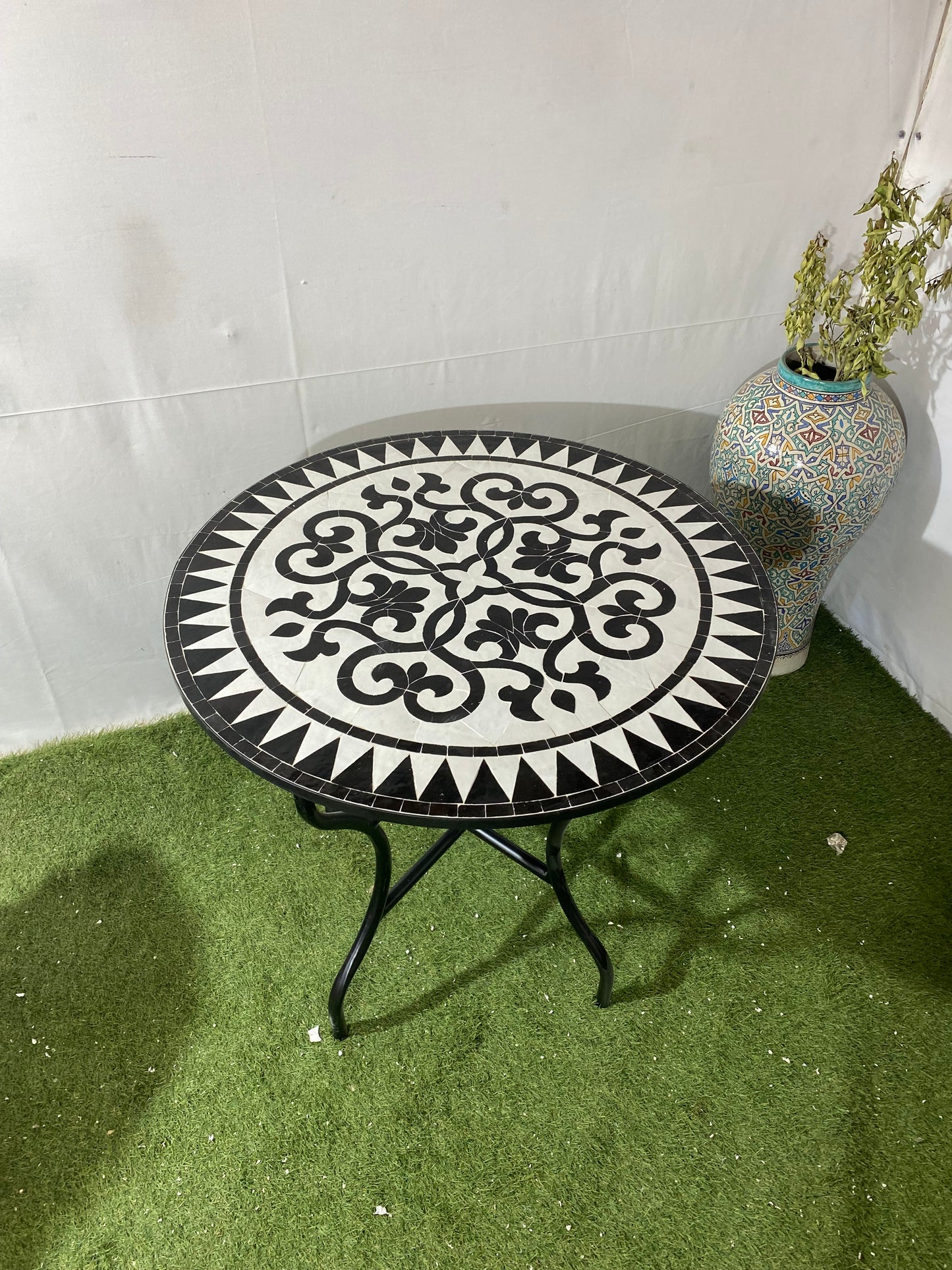 Elegant Black & White Moroccan Zellige Mosaic Table