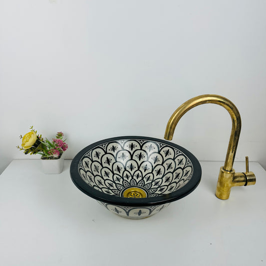 Black ink: Handcrafted Ceramic Sink with Hand-Painted Black Designs
