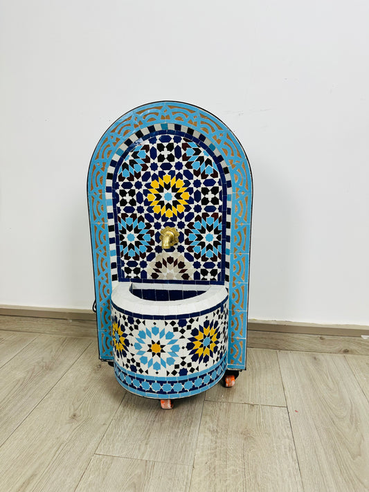 Handcrafted Moroccan Zellige Fountain – Blue & Gold Elegance