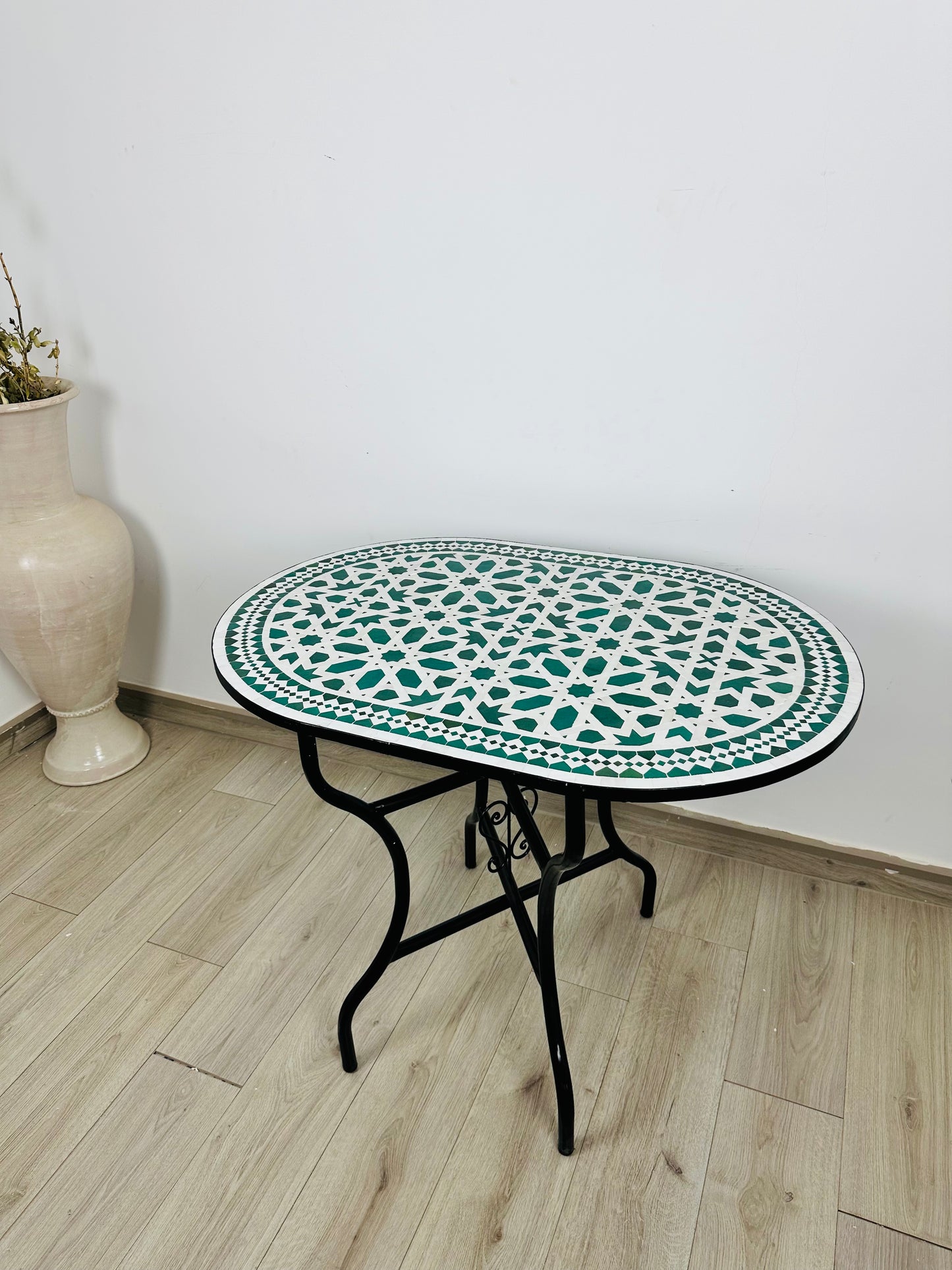 Handmade Moroccan Zellige Mosaic Table – Elegant Green & White Design