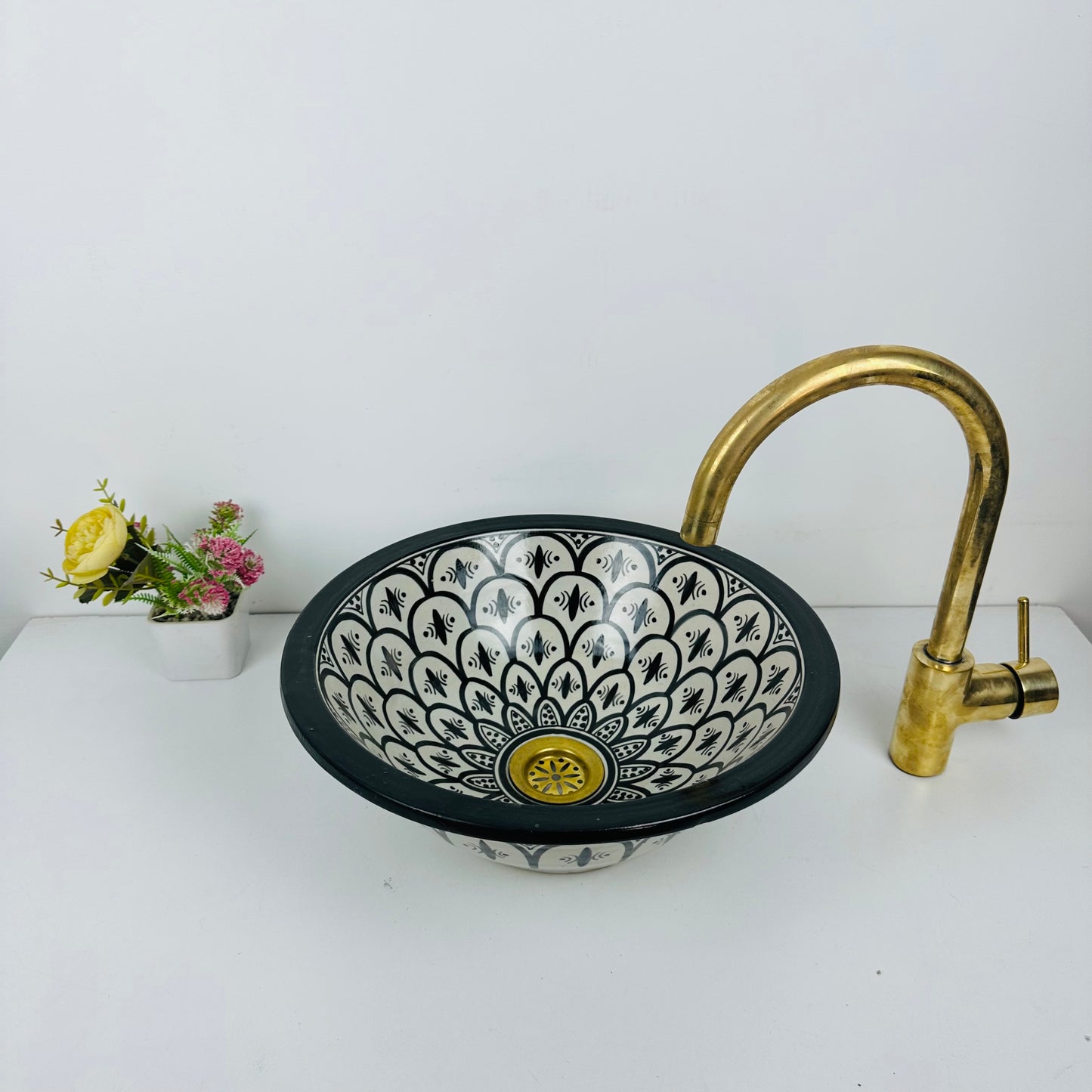 Black ink: Handcrafted Ceramic Sink with Hand-Painted Black Designs