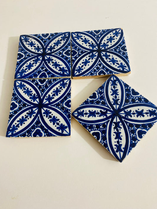 Hand-Painted Moroccan Blue Floral Cross Tile Set