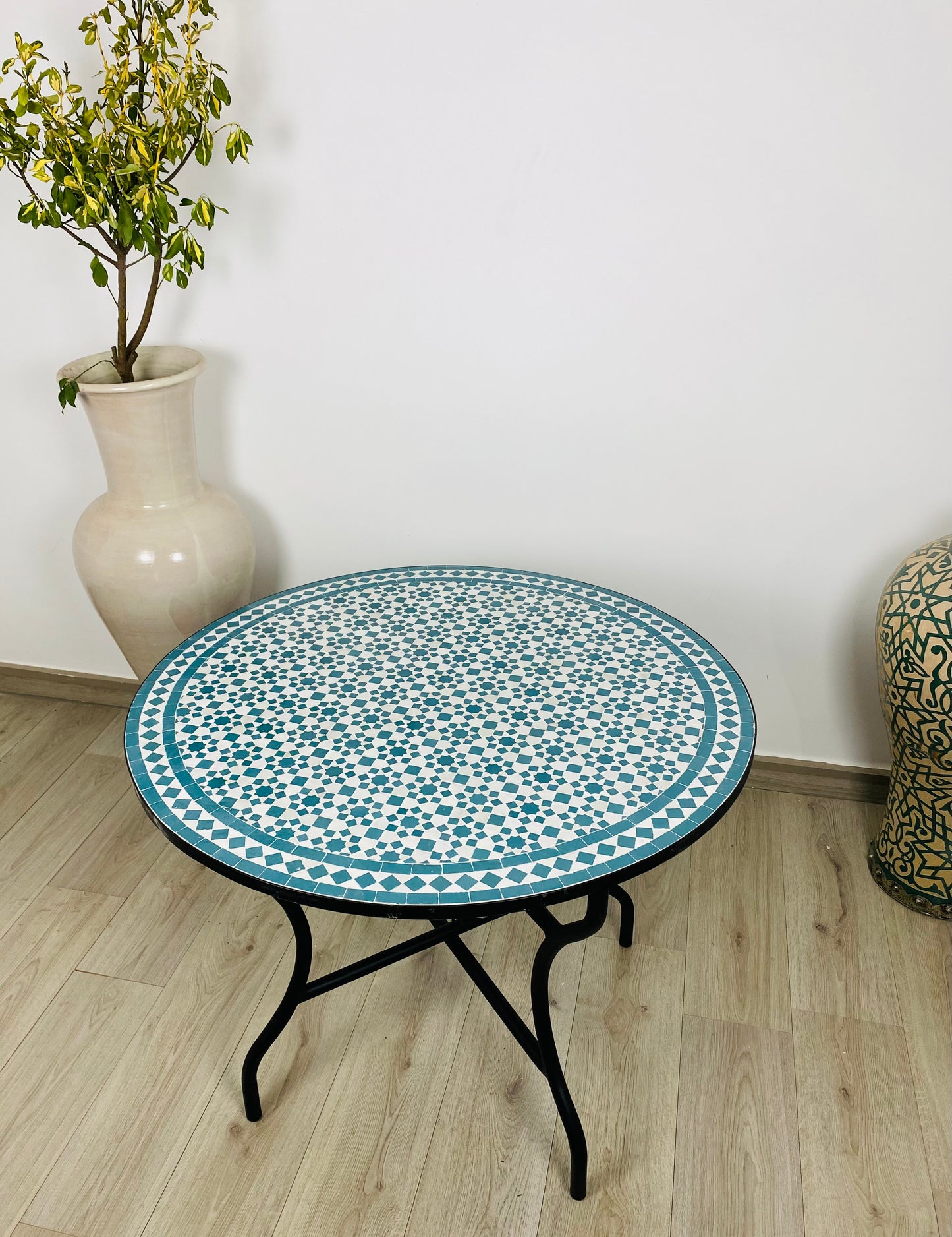 Handmade Moroccan Zellige Mosaic Table – Classic Turquoise Elegance