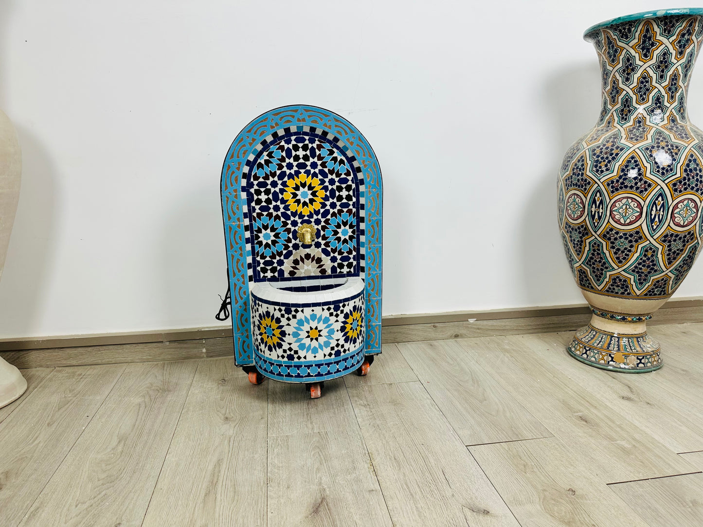 Handcrafted Moroccan Zellige Fountain – Blue & Gold Elegance