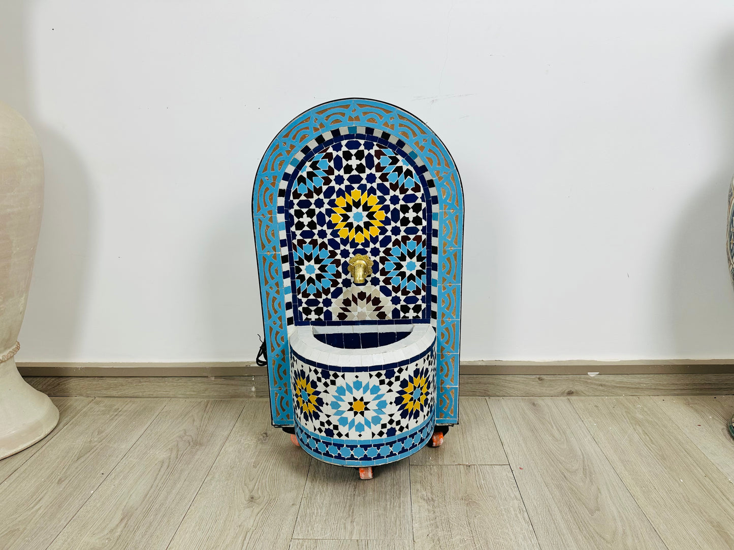 Handcrafted Moroccan Zellige Fountain – Blue & Gold Elegance