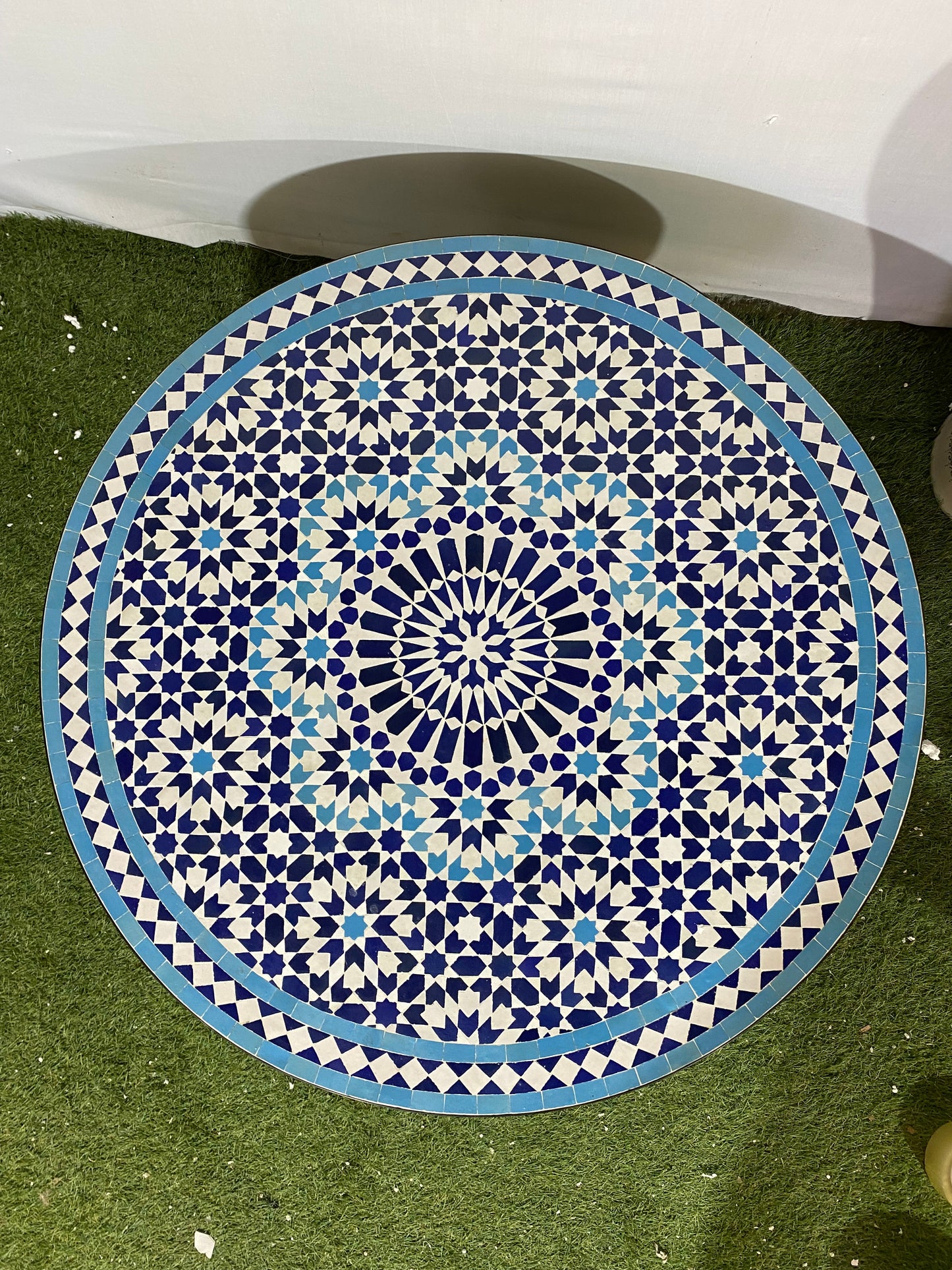 Handmade Moroccan Zellige Mosaic Table – Elegant Blue & White Geometric Design