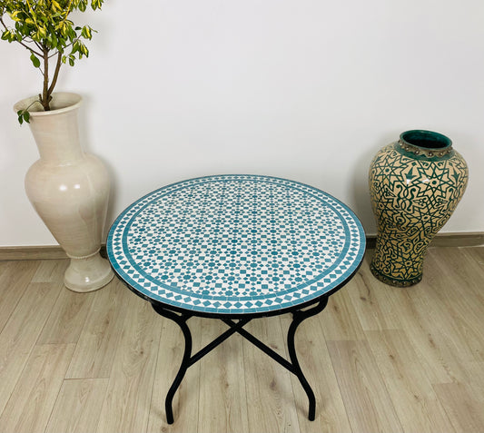 Handmade Moroccan Zellige Mosaic Table – Classic Turquoise Elegance