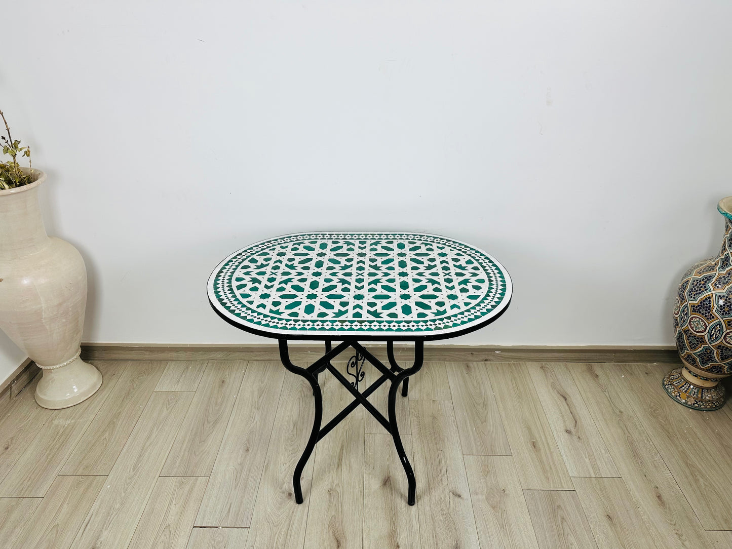 Handmade Moroccan Zellige Mosaic Table – Elegant Green & White Design