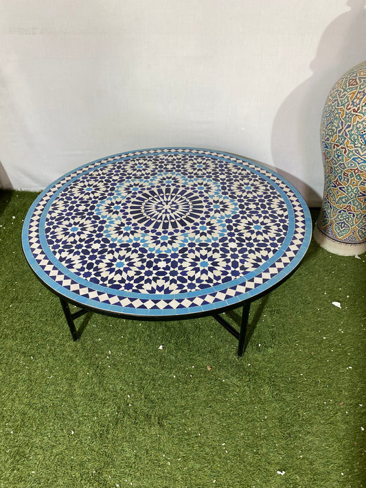 Handmade Moroccan Zellige Mosaic Table – Elegant Blue & White Geometric Design