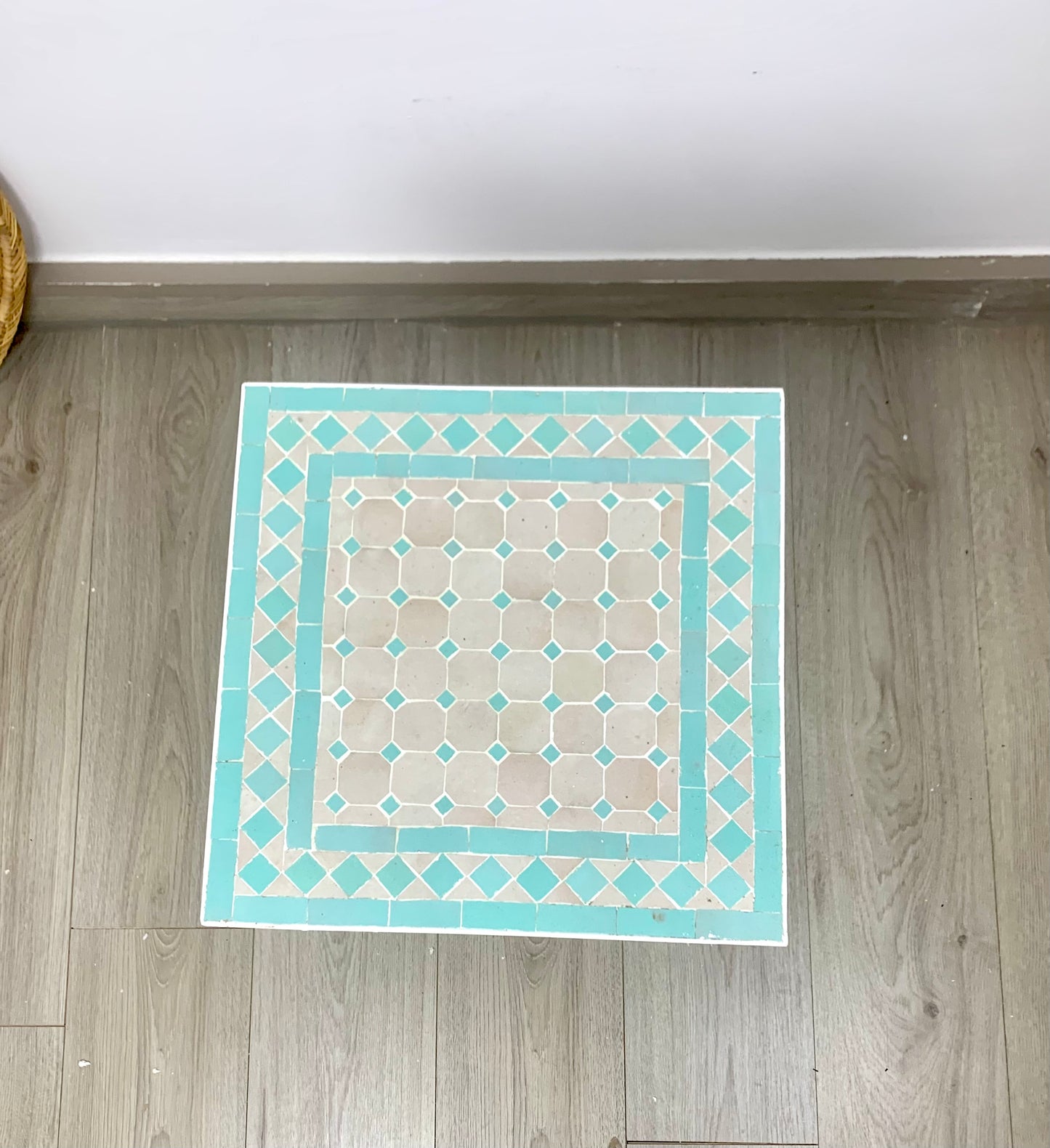 Handmade Moroccan Zellige Mosaic Side Table – Soft Aqua Elegance
