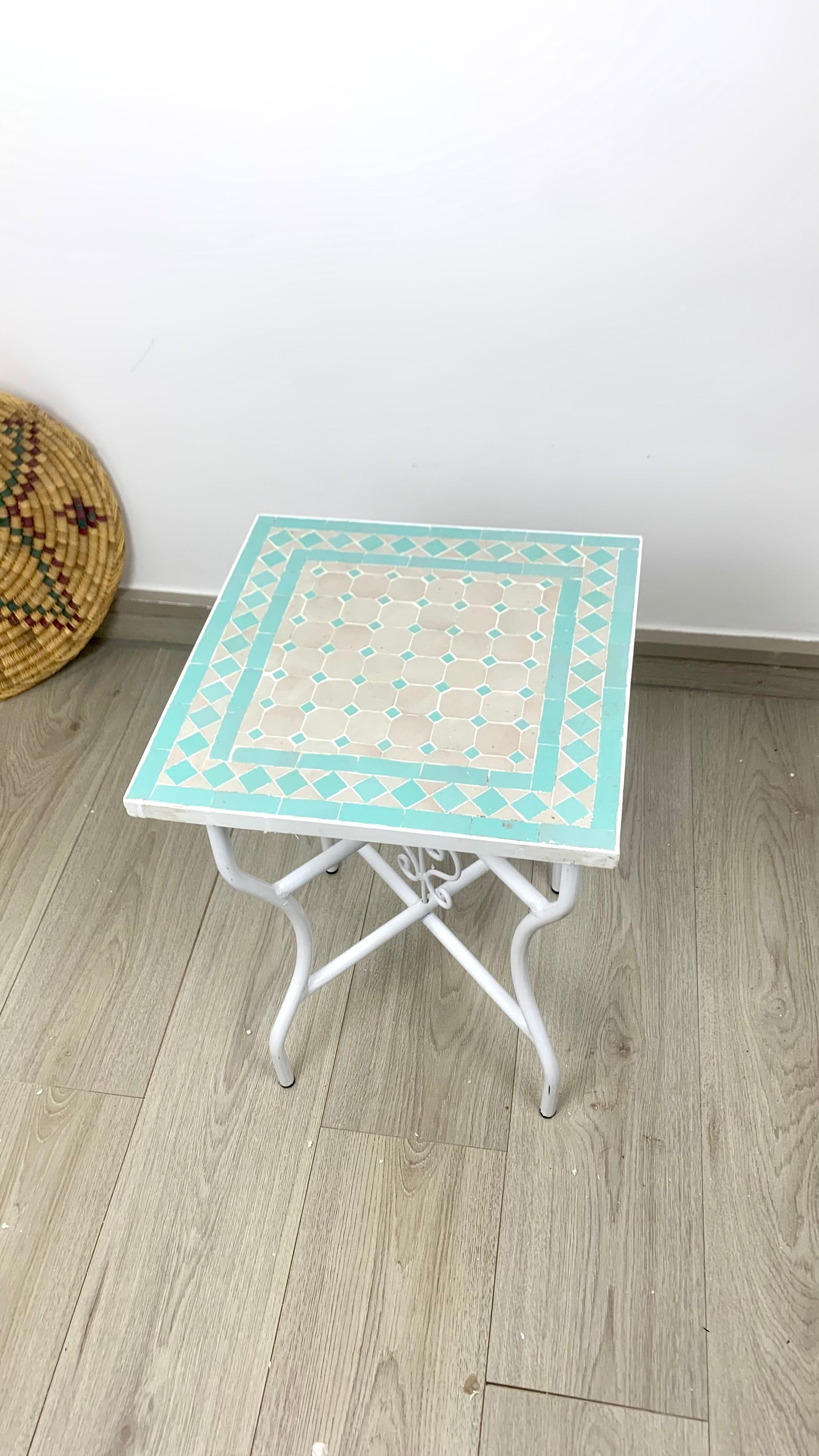 Handmade Moroccan Zellige Mosaic Side Table – Soft Aqua Elegance