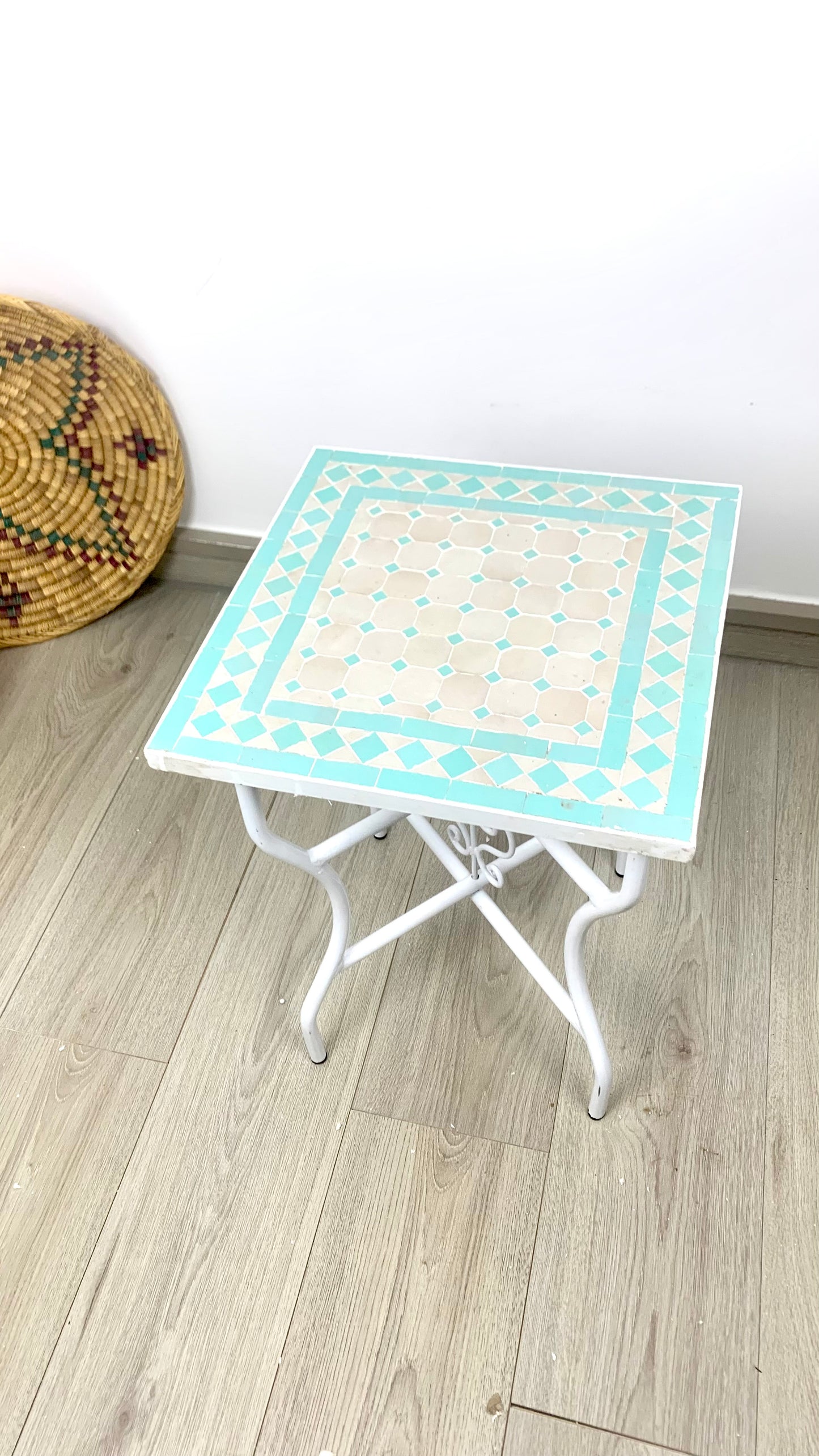 Handmade Moroccan Zellige Mosaic Side Table – Soft Aqua Elegance