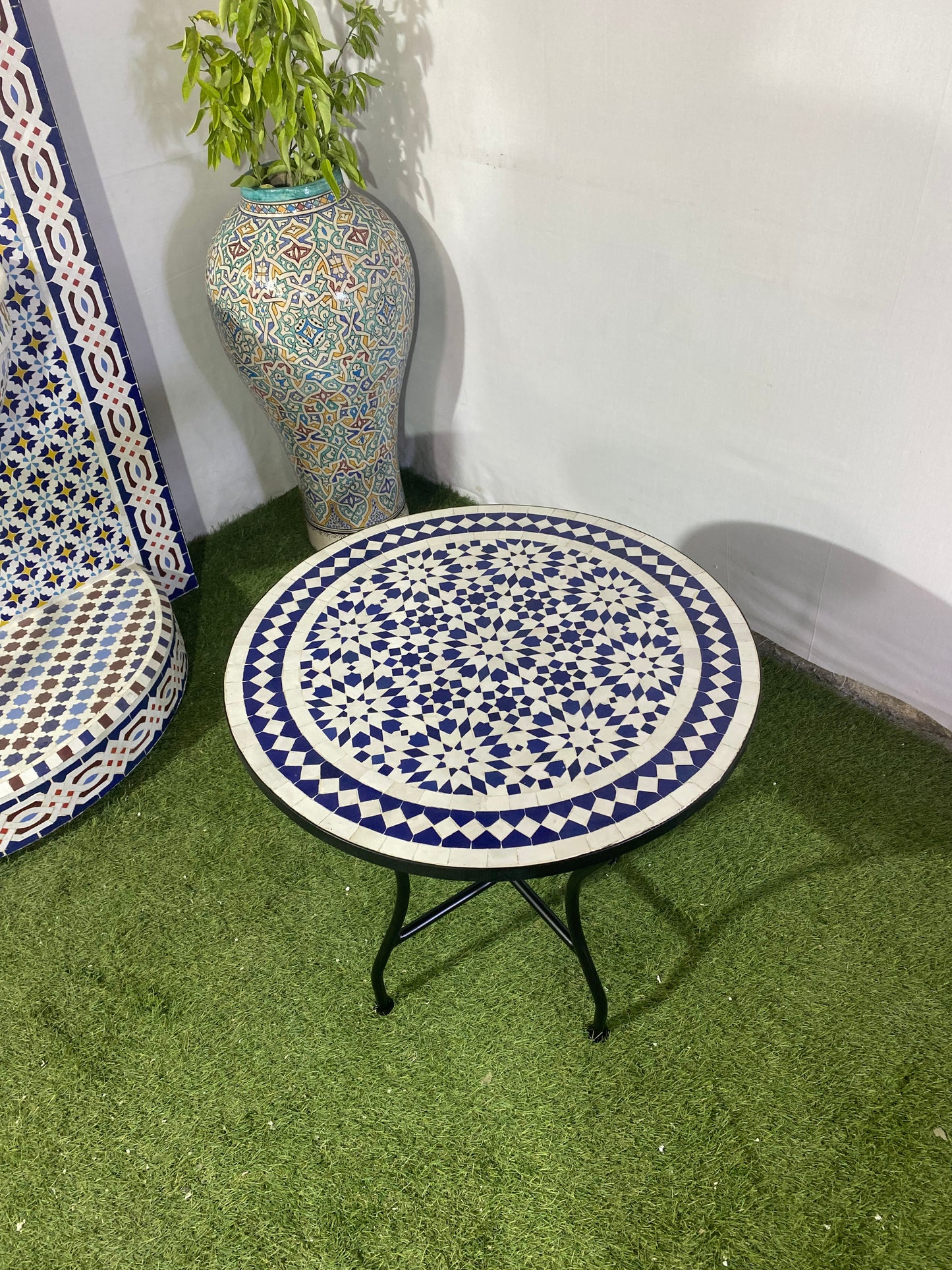 Handmade Moroccan Zellige Mosaic Side Table – Elegant Blue & White Geometry
