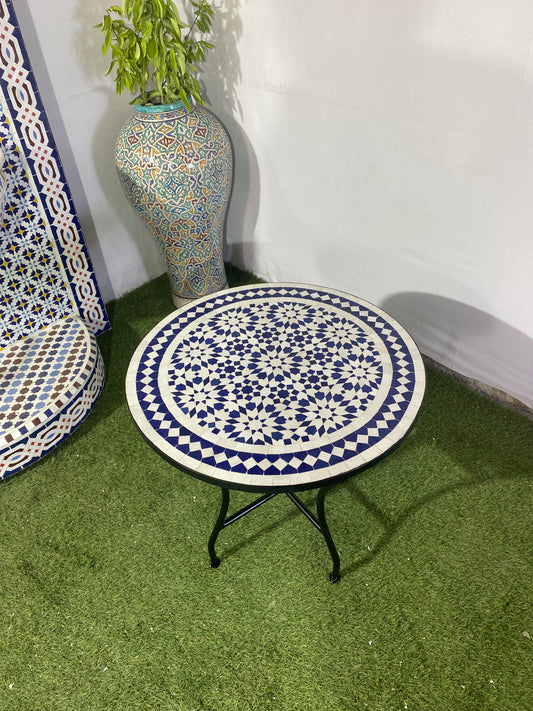 Handmade Moroccan Zellige Mosaic Side Table – Elegant Blue & White Geometry