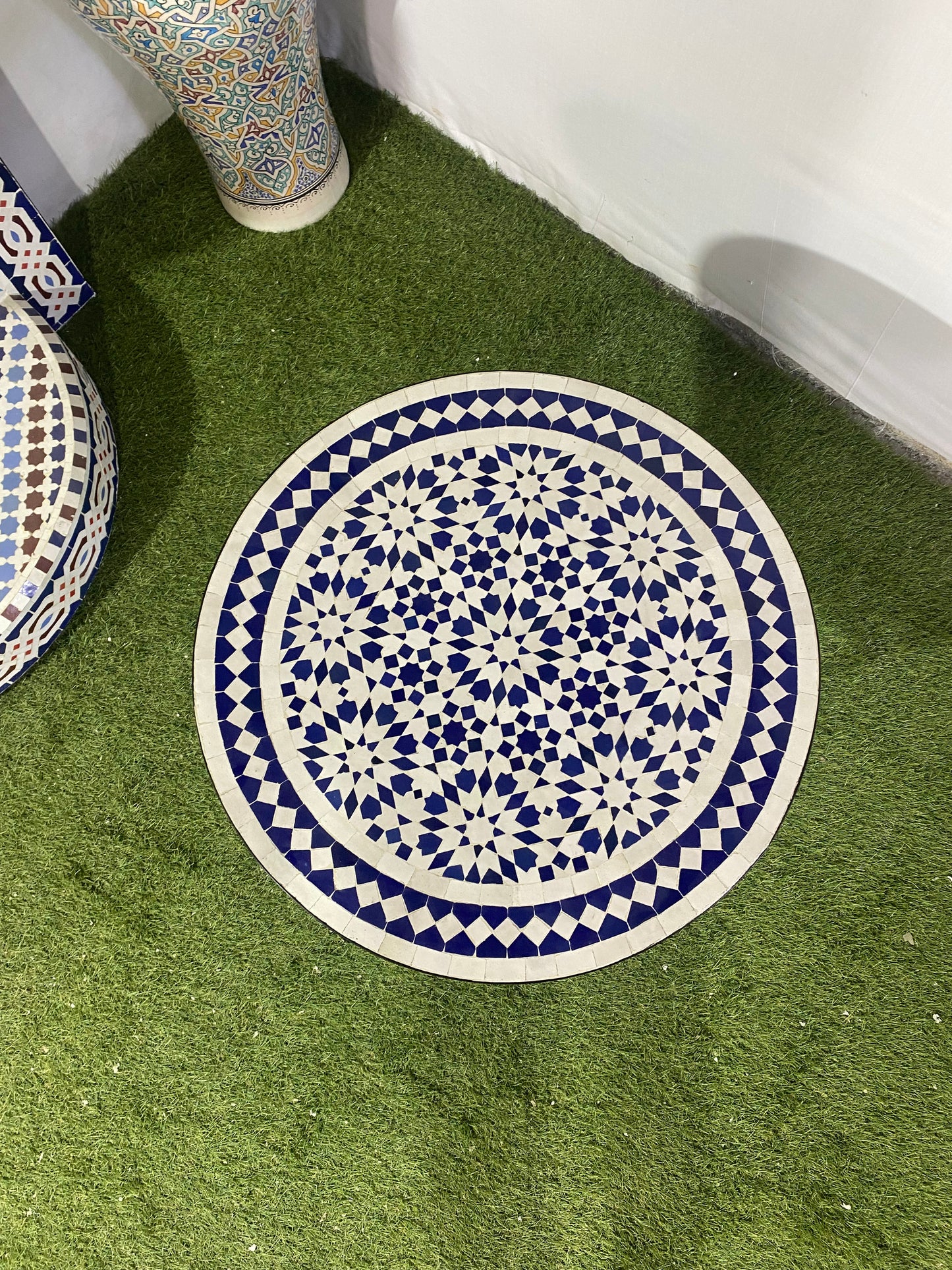 Handmade Moroccan Zellige Mosaic Side Table – Elegant Blue & White Geometry