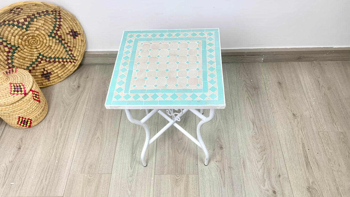 Handmade Moroccan Zellige Mosaic Side Table – Soft Aqua Elegance