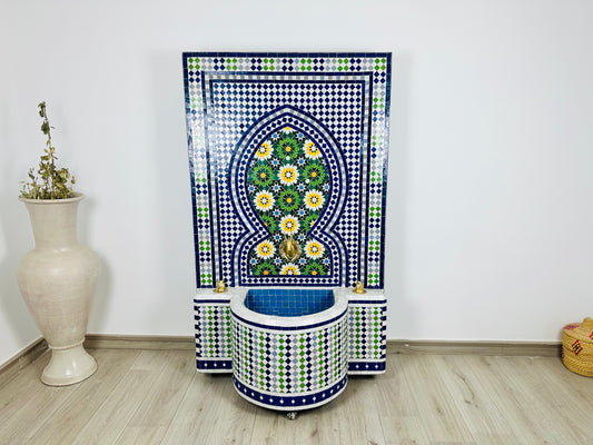 Handcrafted Moroccan Zellige Fountain – Floral Elegance with Three Faucets