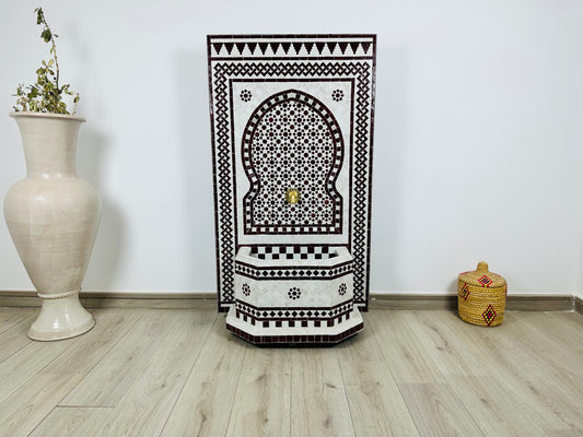 Handcrafted Moroccan Zellige Fountain – Elegant Red & White Geometric Design