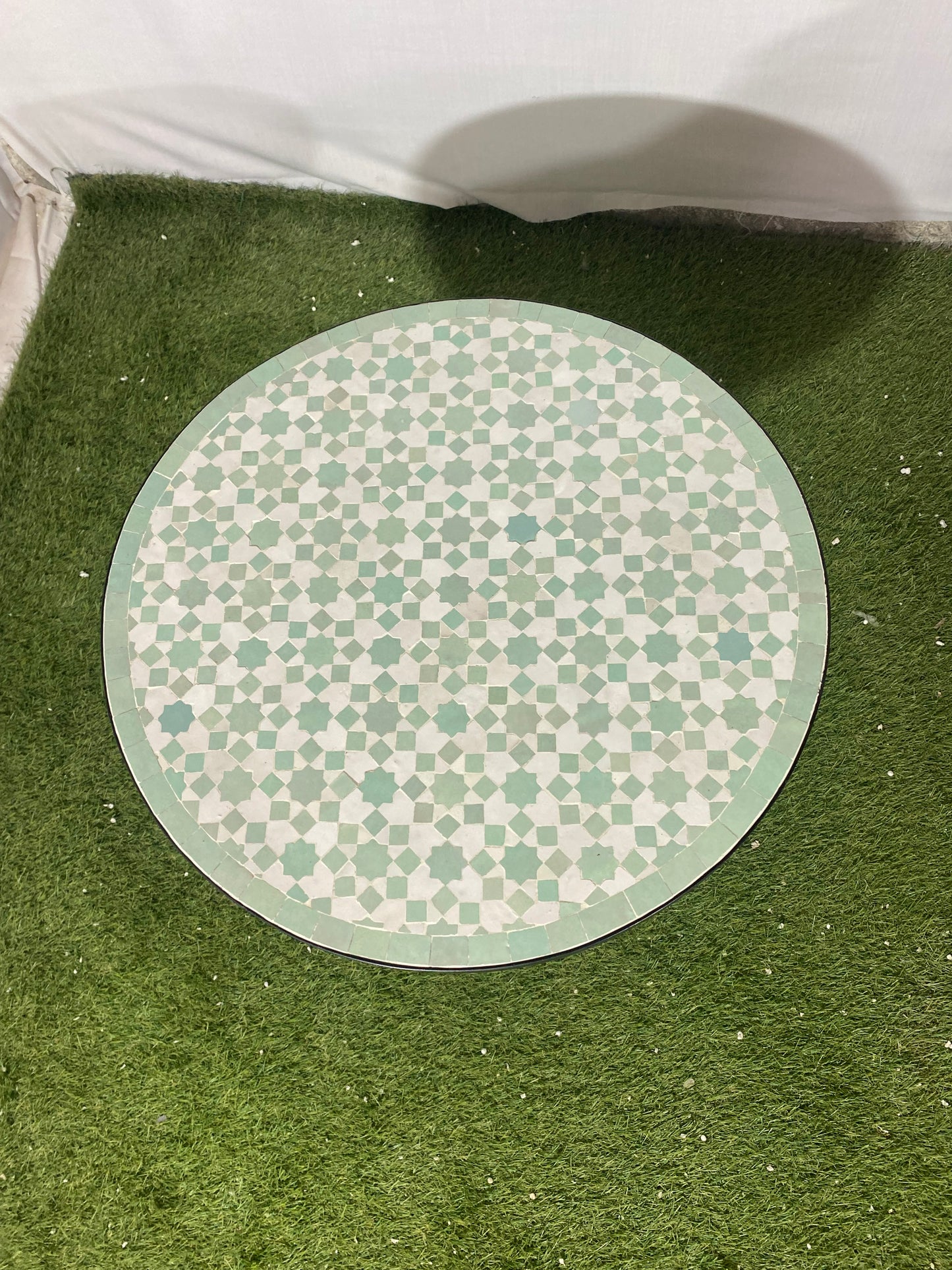 Handmade Moroccan Zellige Mosaic Table – Soft Green Elegance