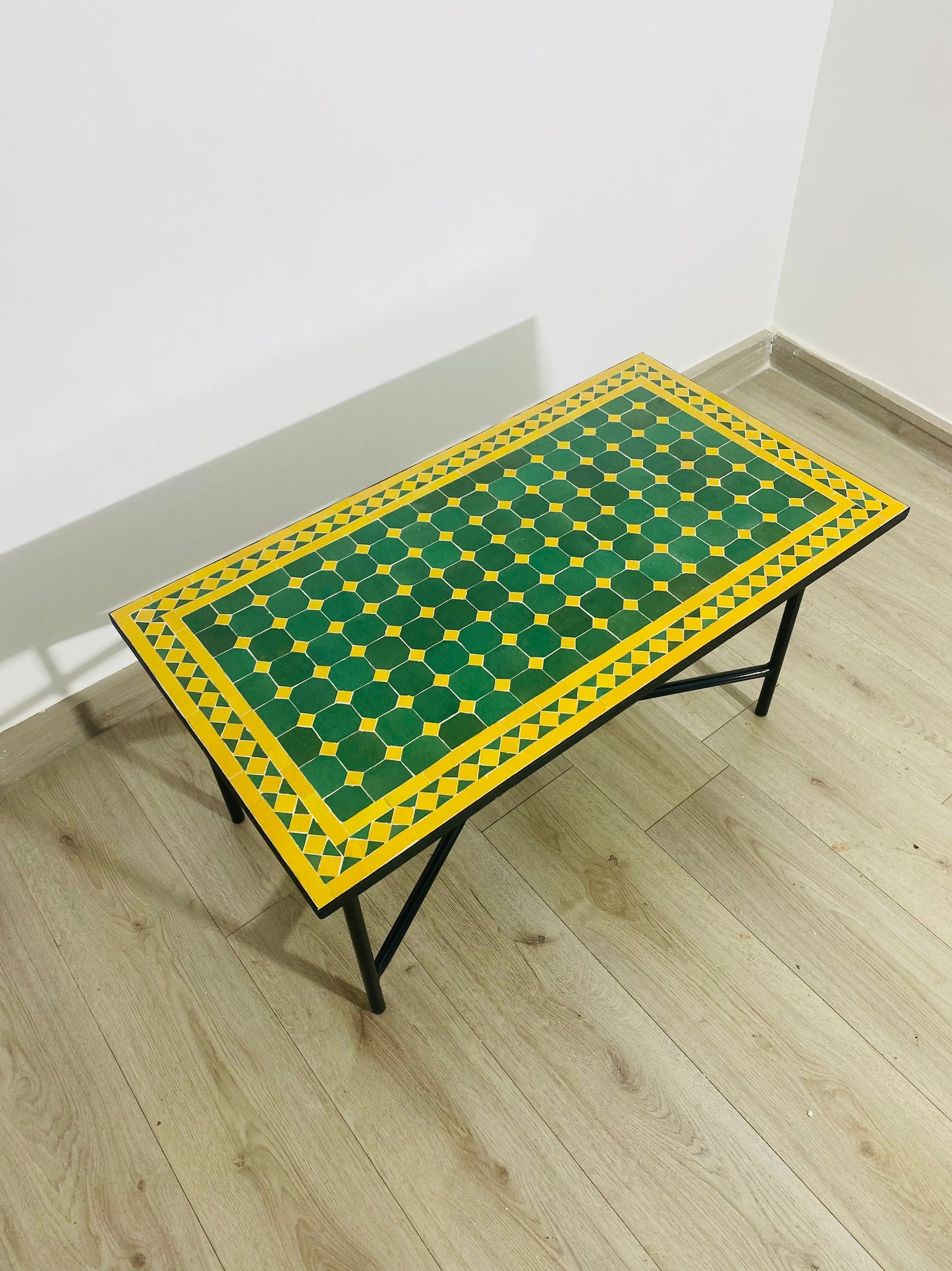 Handmade Moroccan Zellige Mosaic Table – Green & Yellow Octagonal Design