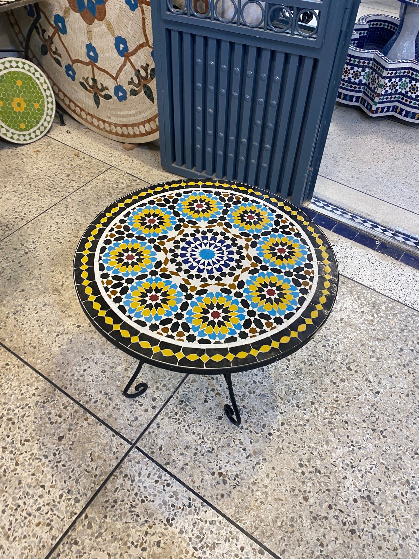 Handmade Moroccan Zellige Mosaic Side Table – Radiant Sunburst Elegance