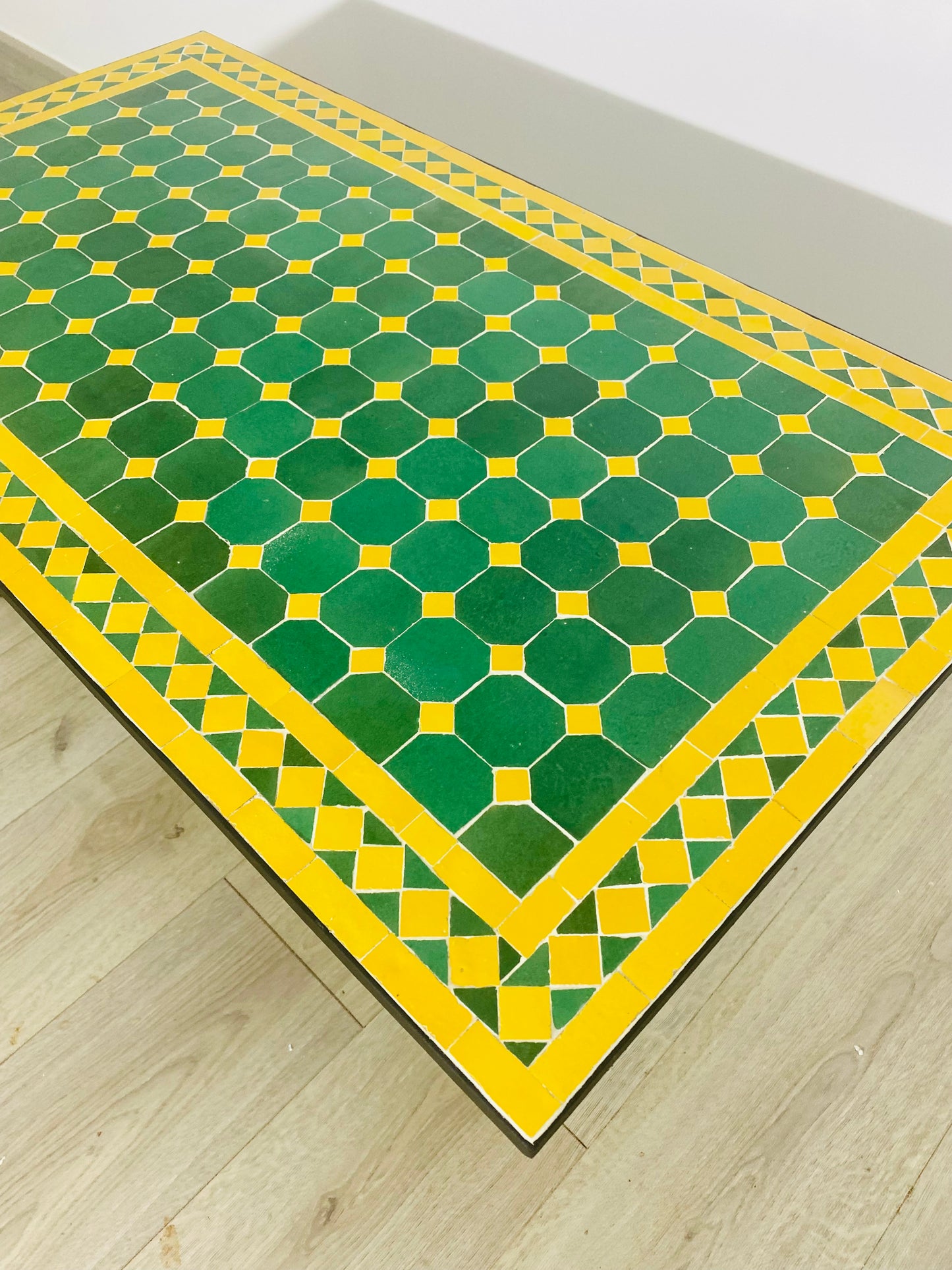 Handmade Moroccan Zellige Mosaic Table – Green & Yellow Octagonal Design