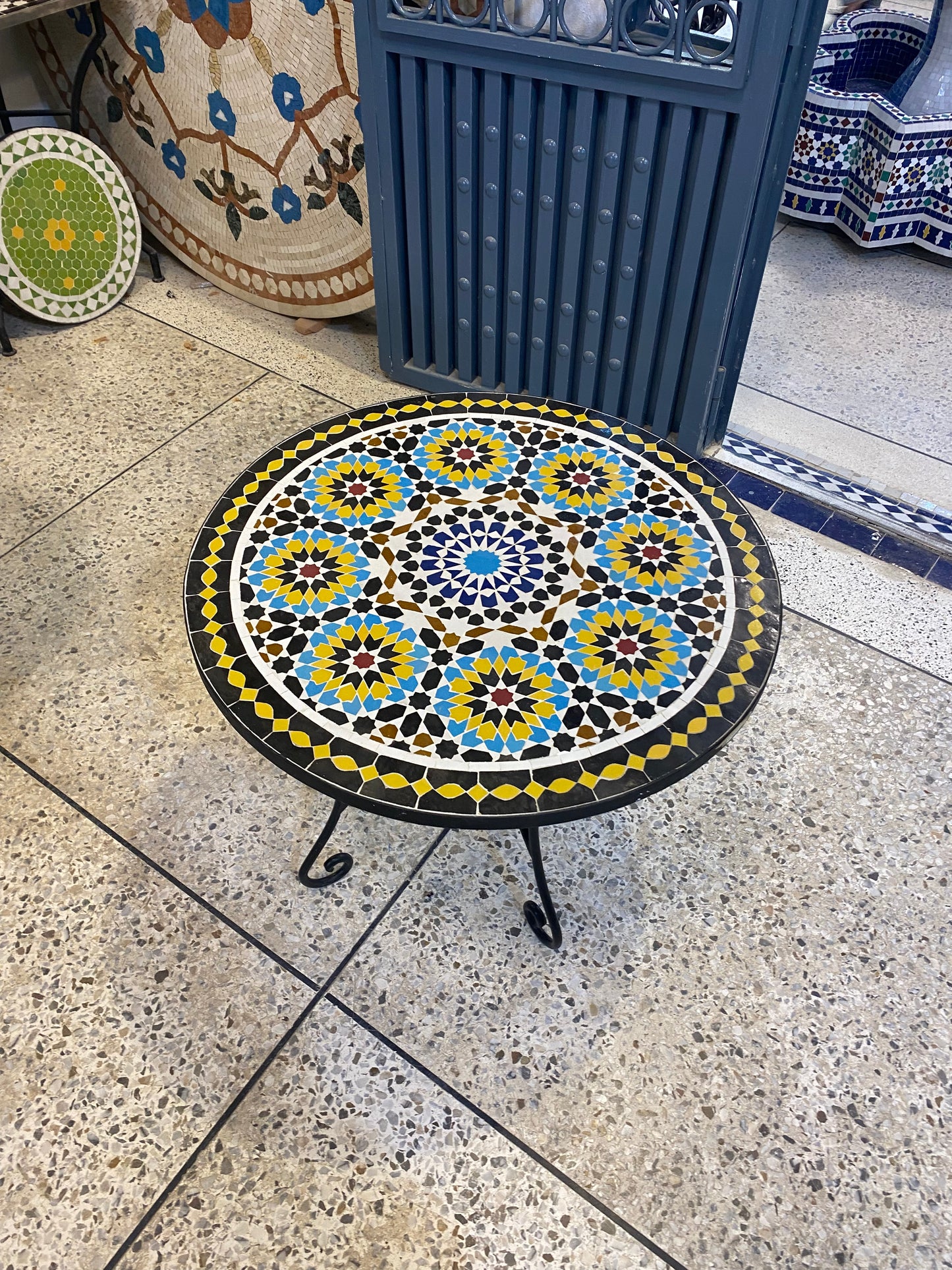 Handmade Moroccan Zellige Mosaic Side Table – Radiant Sunburst Elegance