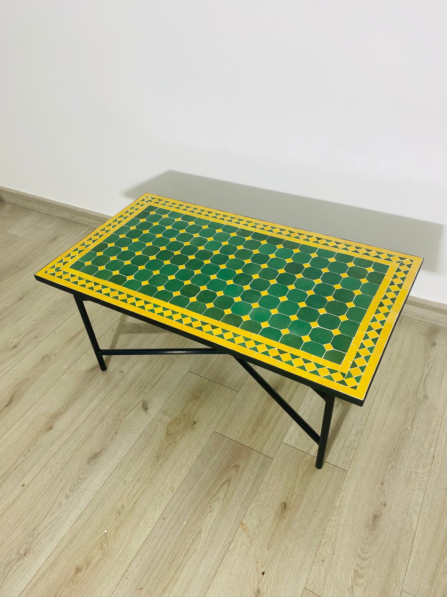 Handmade Moroccan Zellige Mosaic Table – Green & Yellow Octagonal Design