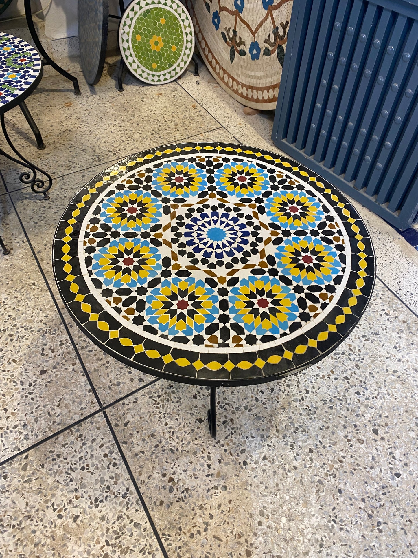 Handmade Moroccan Zellige Mosaic Side Table – Radiant Sunburst Elegance