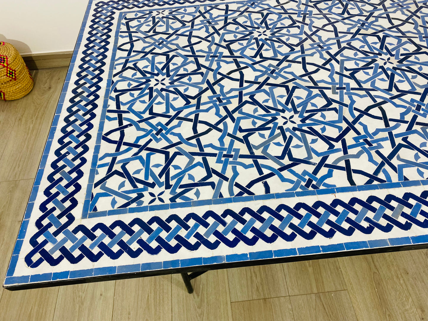 Handmade Moroccan Zellige Mosaic Table – Blue & White Geometric Design