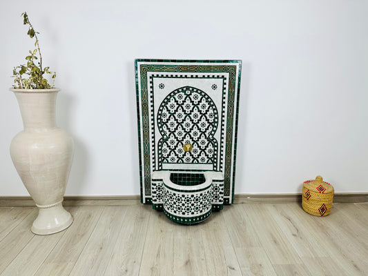 Handcrafted Moroccan Zellige Fountain – Green & White Elegance