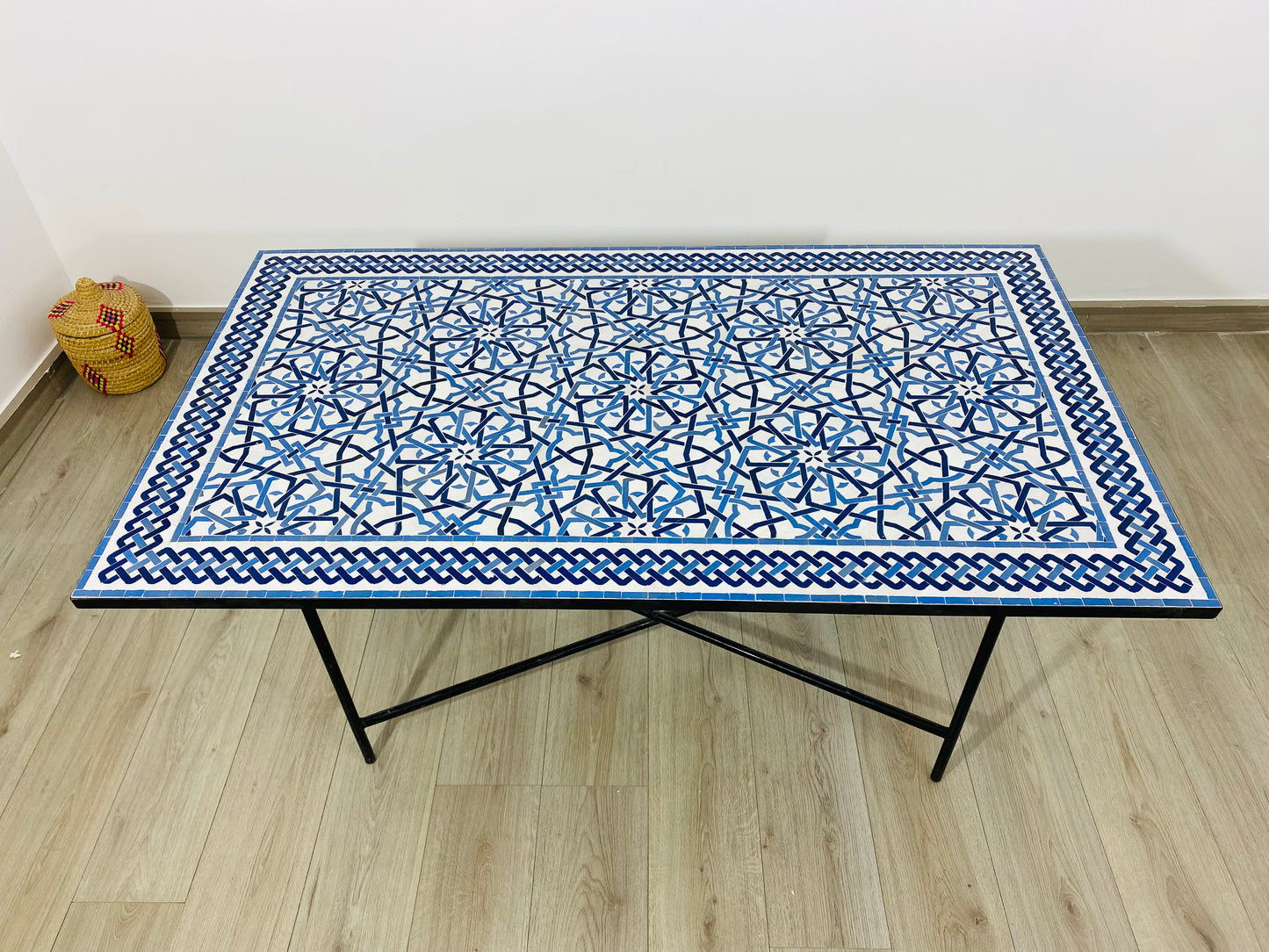 Handmade Moroccan Zellige Mosaic Table – Blue & White Geometric Design