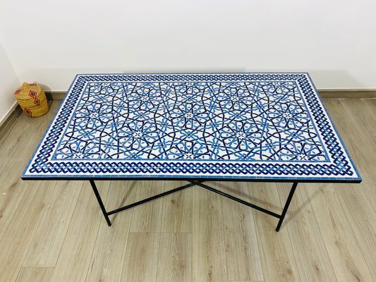 Handmade Moroccan Zellige Mosaic Table – Blue & White Geometric Design