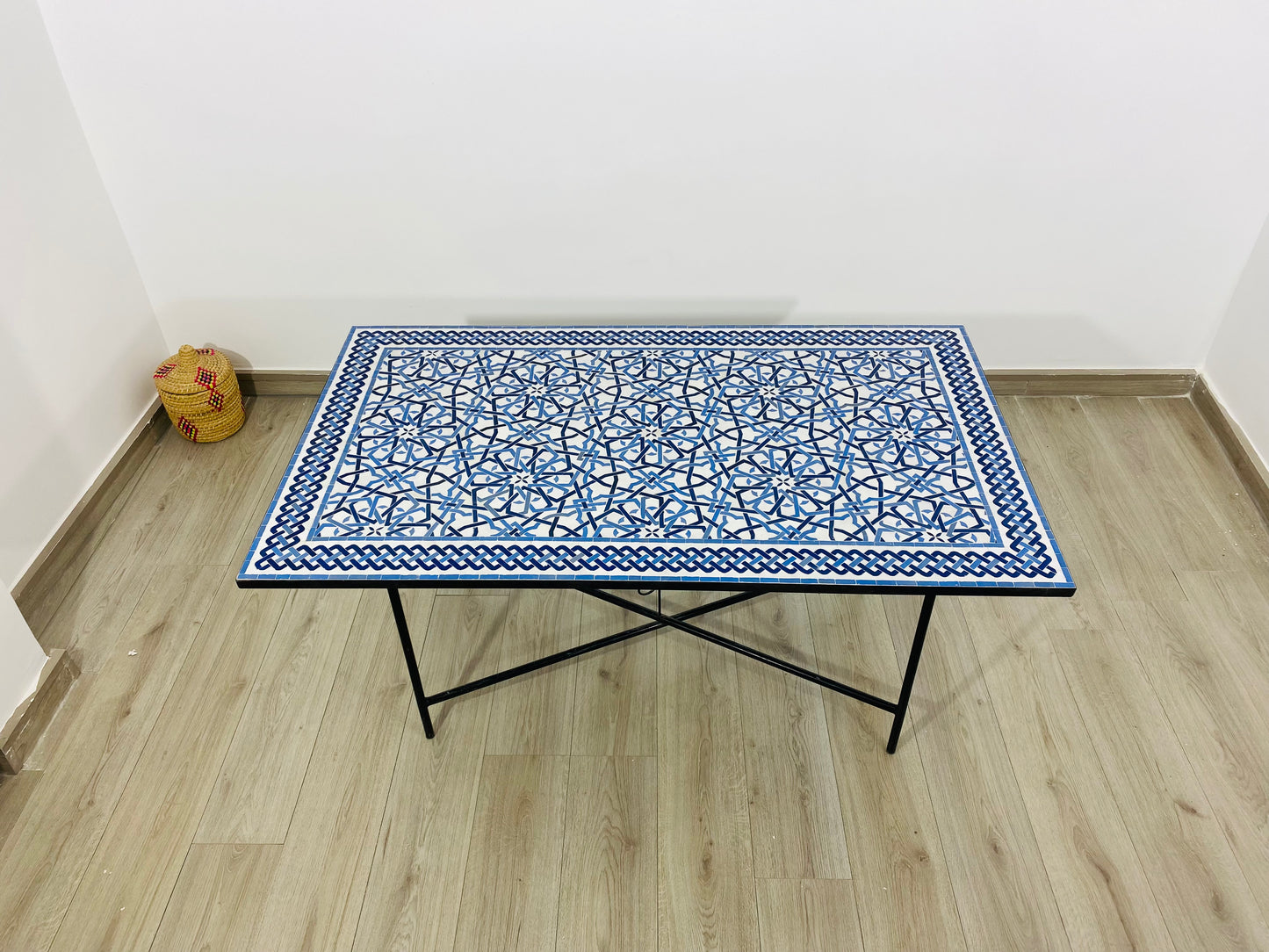 Handmade Moroccan Zellige Mosaic Table – Blue & White Geometric Design