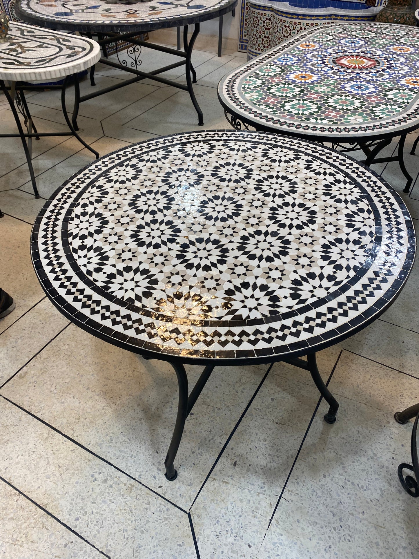 Handmade Moroccan Zellige Mosaic Table – Timeless Black & White Elegance