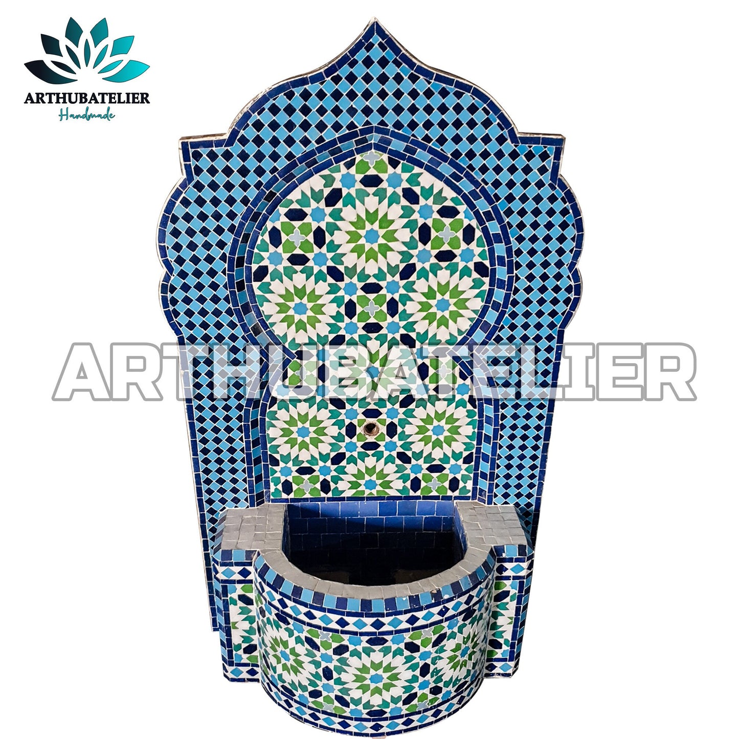 Handmade Moroccan Zellige Fountain – Blue & Green Mosaic Elegance