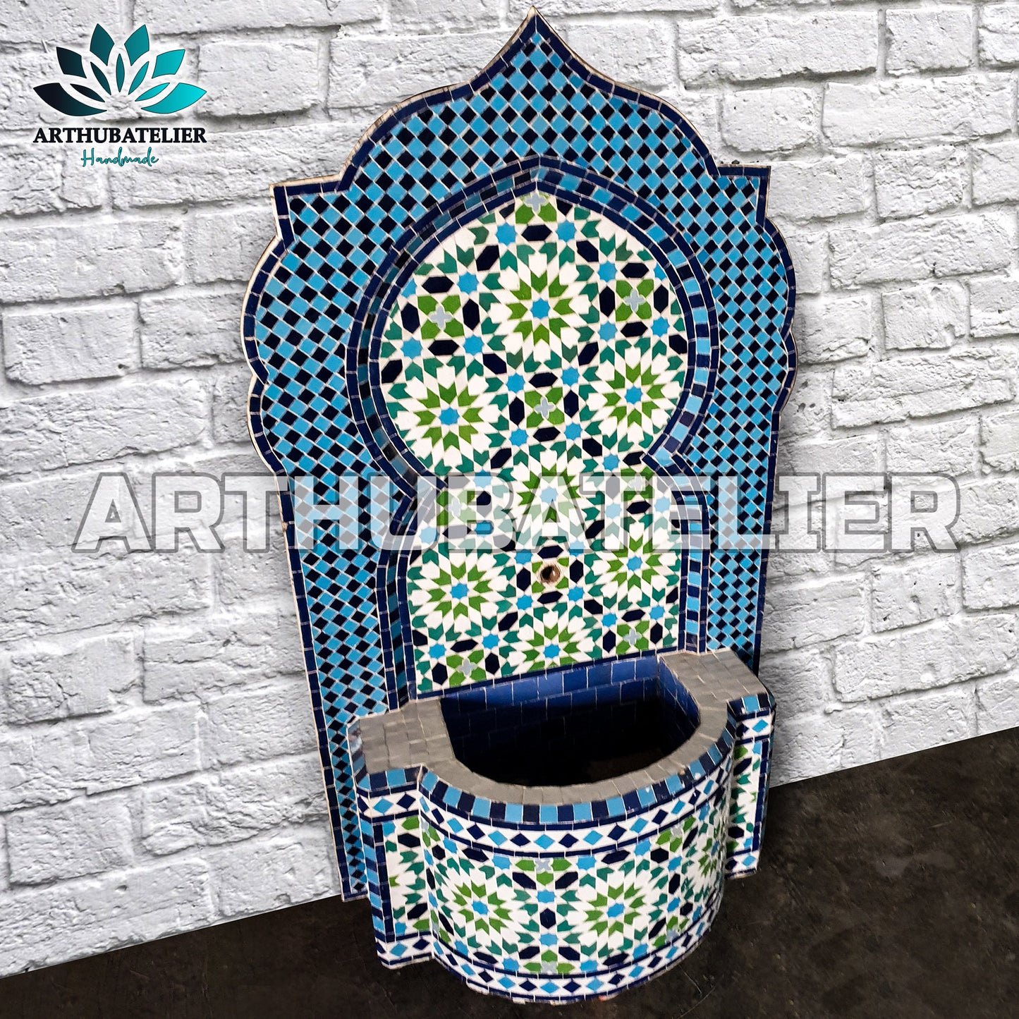 Handmade Moroccan Zellige Fountain – Blue & Green Mosaic Elegance