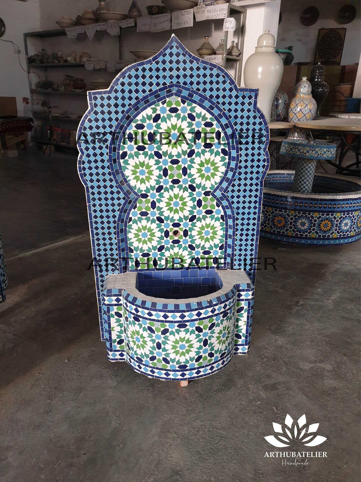 Handmade Moroccan Zellige Fountain – Blue & Green Mosaic Elegance
