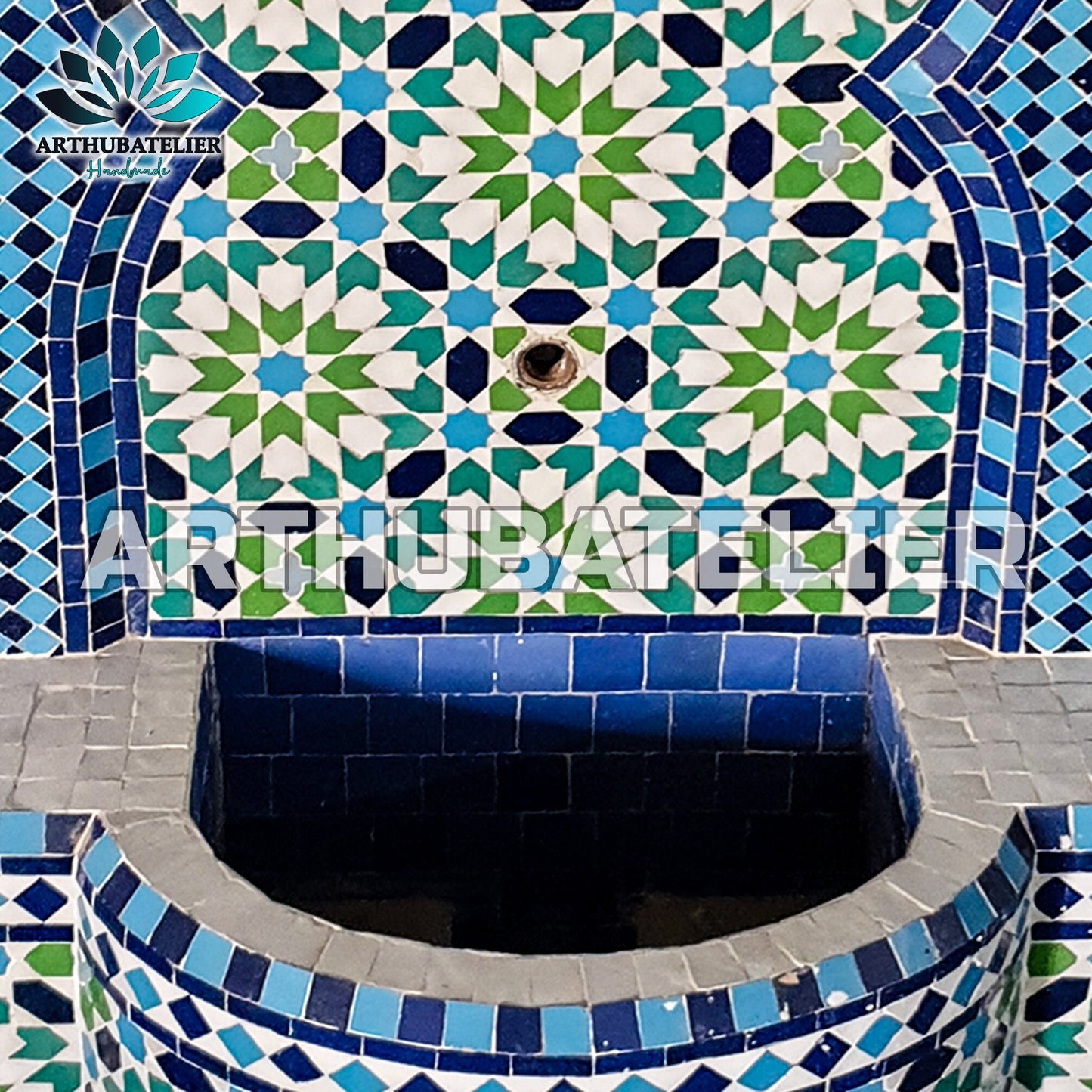 Handmade Moroccan Zellige Fountain – Blue & Green Mosaic Elegance