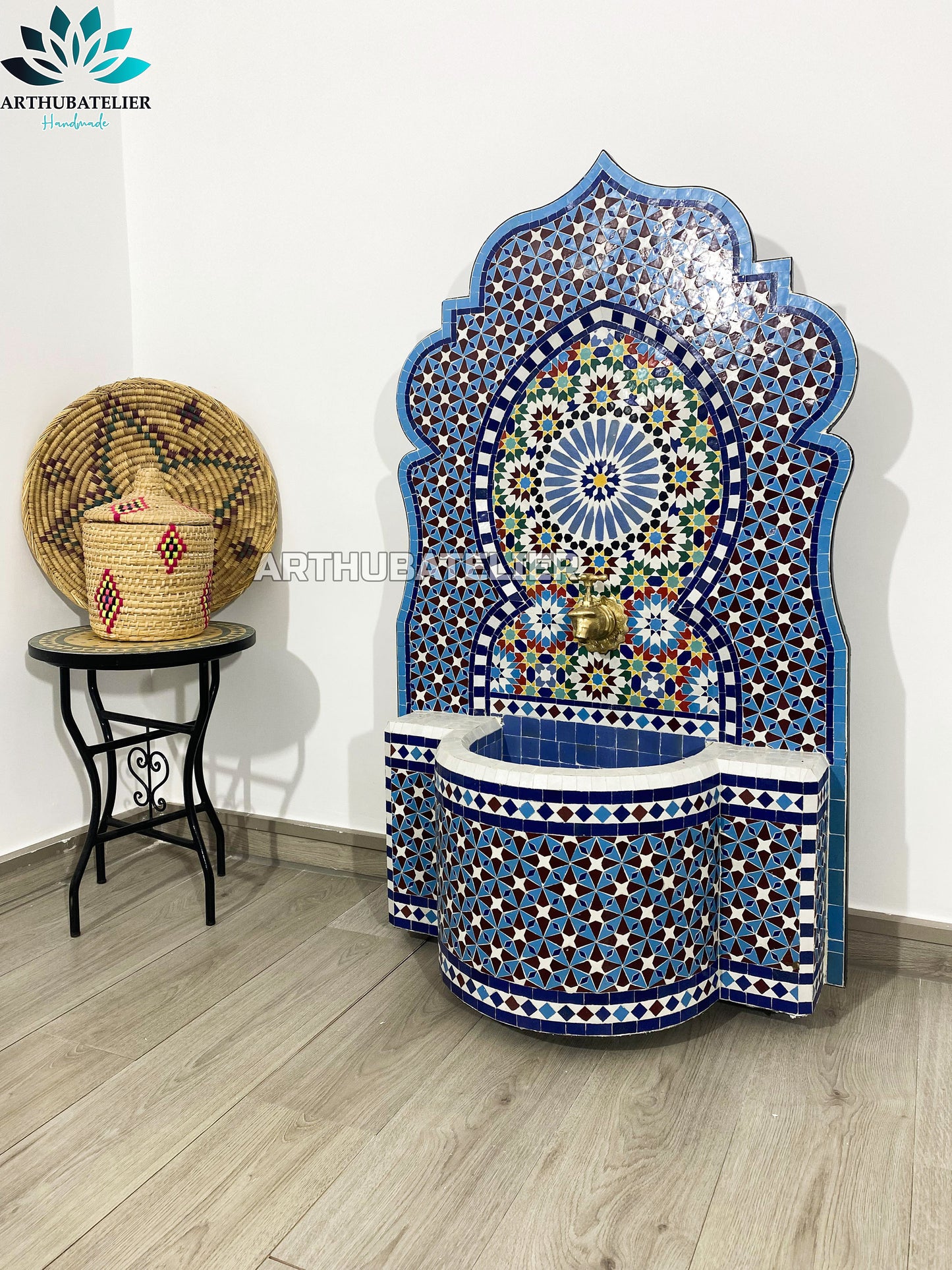 Majestic Blue Moroccan Fountain – A Masterpiece of Zellige Art
