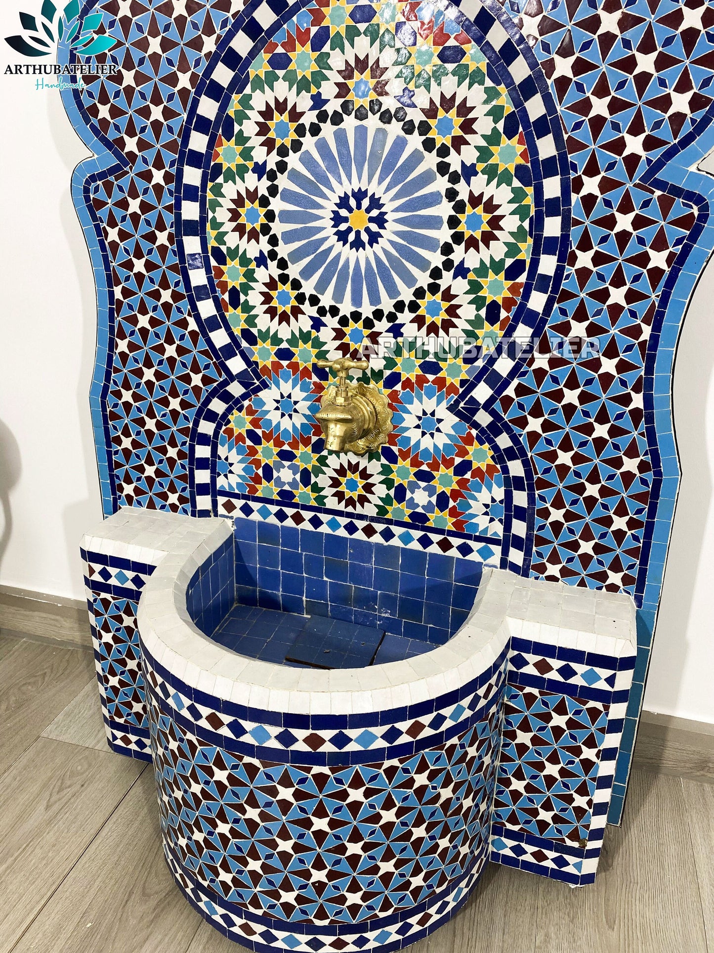 Majestic Blue Moroccan Fountain – A Masterpiece of Zellige Art