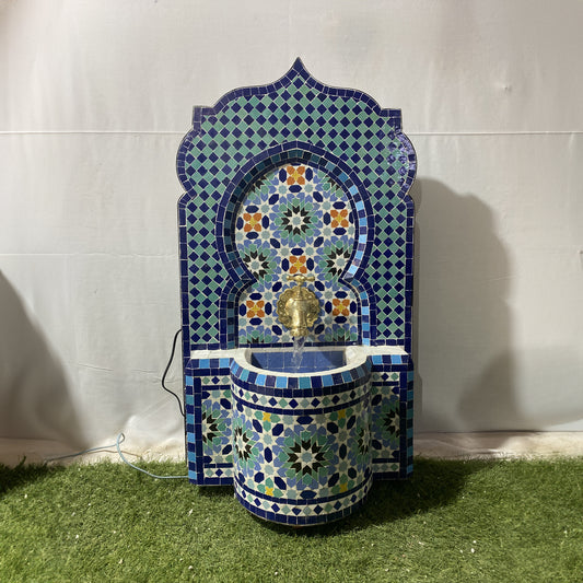 Fountain with colorful small mosaic, water inside fountain, Moroccan Mosaic Fountain, terrace Indoor Decor.