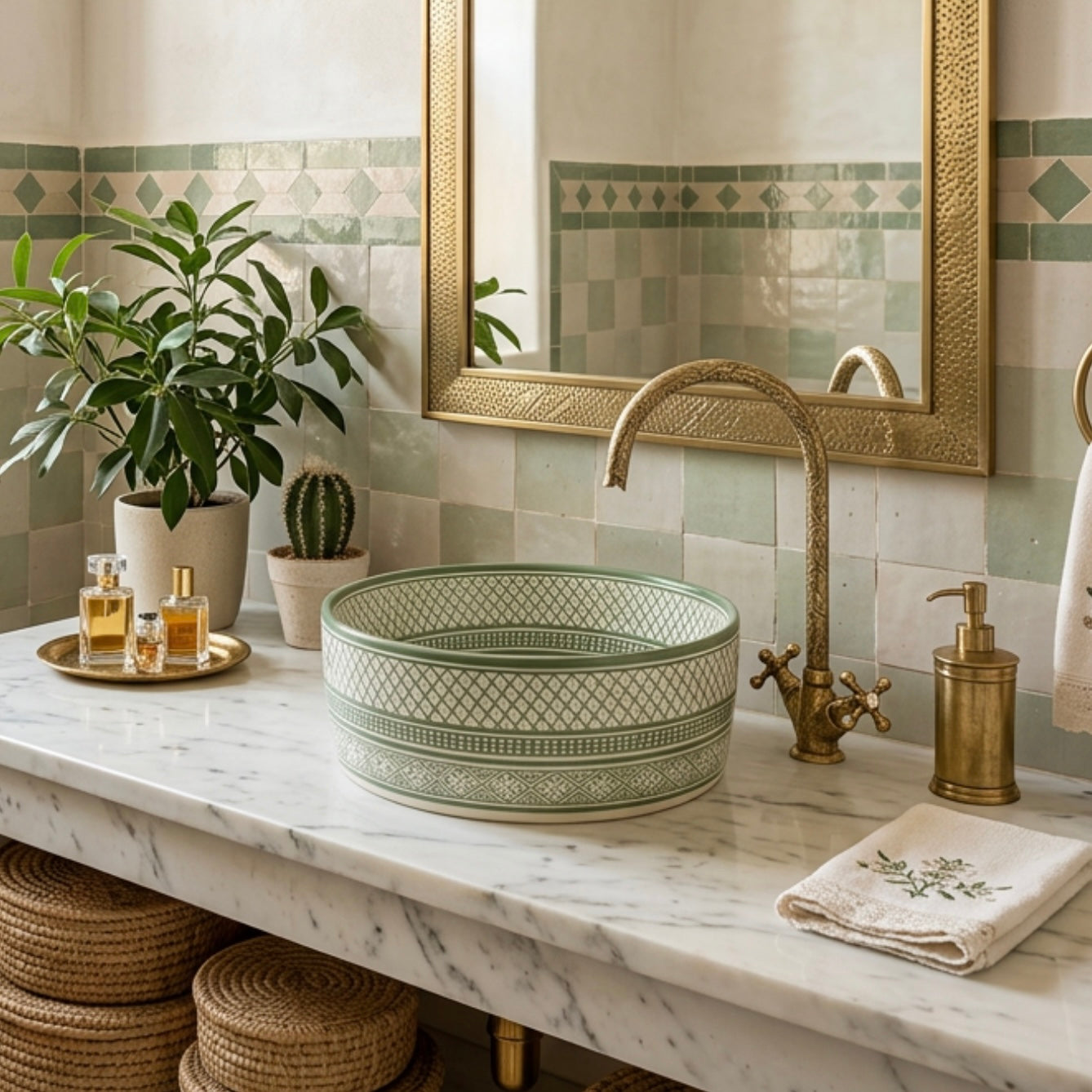 Moroccan Handcrafted round ceramic vessel sink sage green